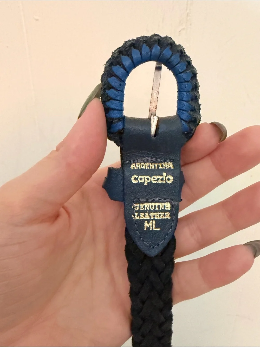 Capezio 80s/90s genuine leather braided belt in navy with cerulean buckle